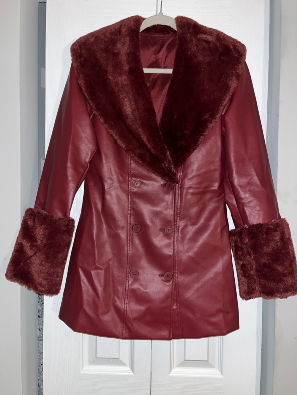 Women's Burgundy Faux-Leather Coat with Faux-Fur Trim